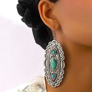 Silver Boho Turquoise Dangle Earrings Western Statement Tribal Hippie